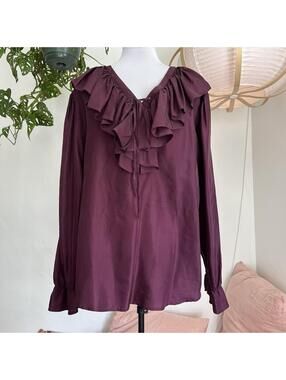 Vintage New York Studio 100% Silk Ruffle Tie Blouse M Plum Dark Academia Gothic